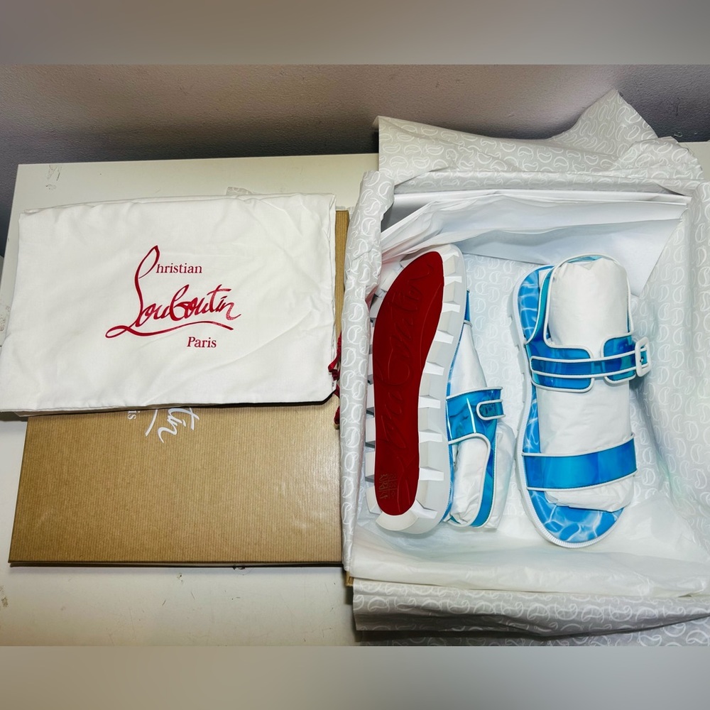 NEW CHRISTIAN LOUBOUTIN DUNISS COOL SANDALS IRIDESCENT BLUE/WHITE LUG SOLE SZ 37 - Picture 5 of 16